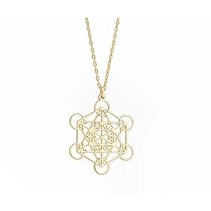 Gold Metatron Cube Pendant Necklace with 15-inch Gold Chain, DKMN Brand
